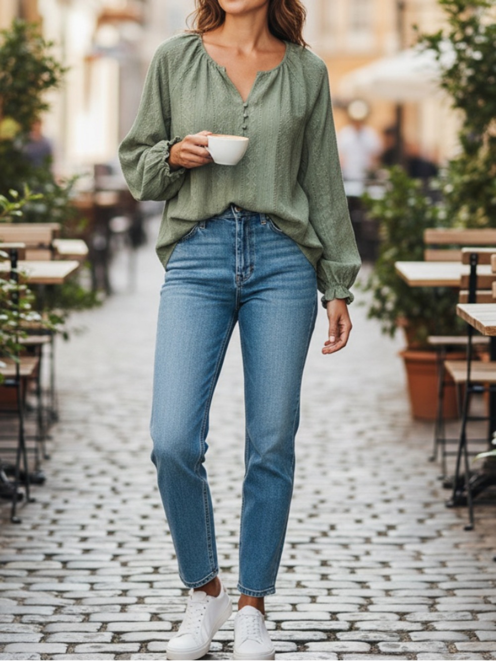 FRYE AND CO. Sage Green Embroidered Button-Popover Blouse